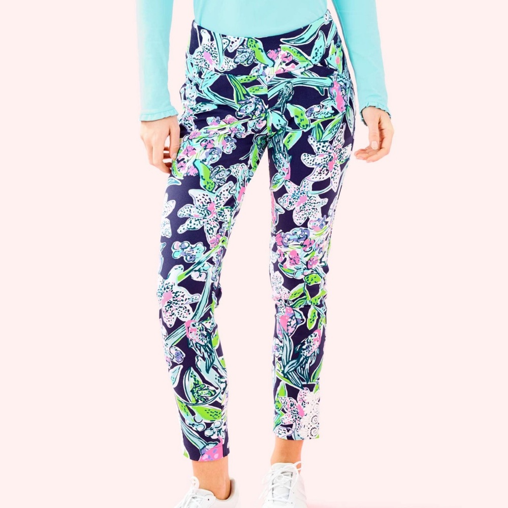 Lilly Pulitzer, Fairway performance pants. Bright Navy Pineapple Party.